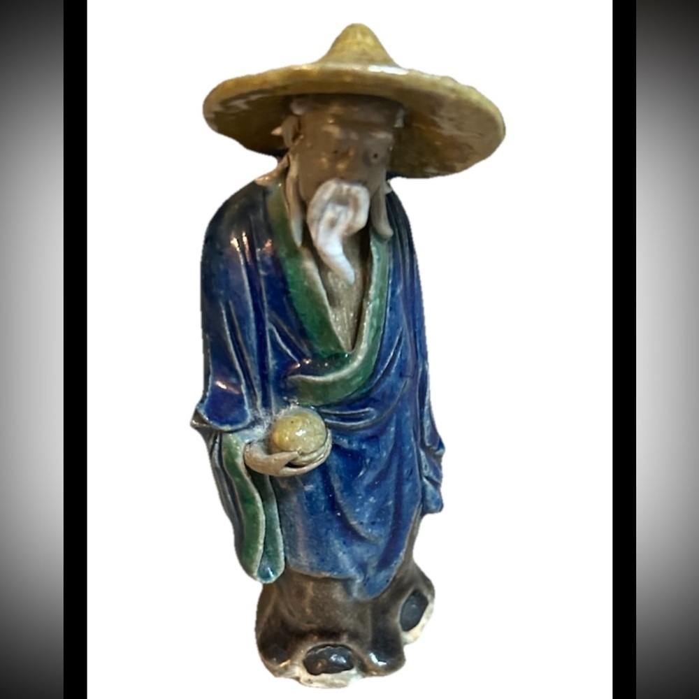 Vintage Shekwan Art Mudman Figure Chinese Fisherman Clay 4” Tall